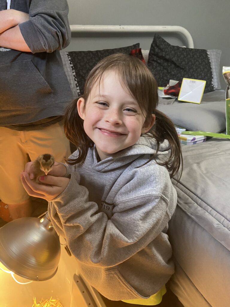 young girl safely handling a baby chick